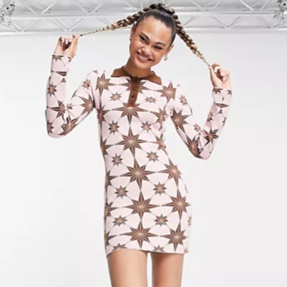💕🧡NWT ASOS Deco Print Knit Sweater Collared Shirt Long Sleeve Mini Dress🧡💕